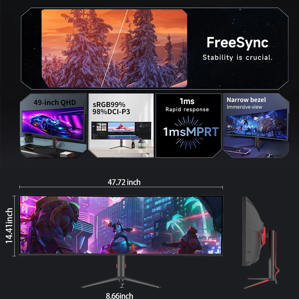 XenoHaven IPS LED Display 49-Inch Dual Monitor 75/144Hz Refresh Rate Low Blue Light with Built-In Speaker