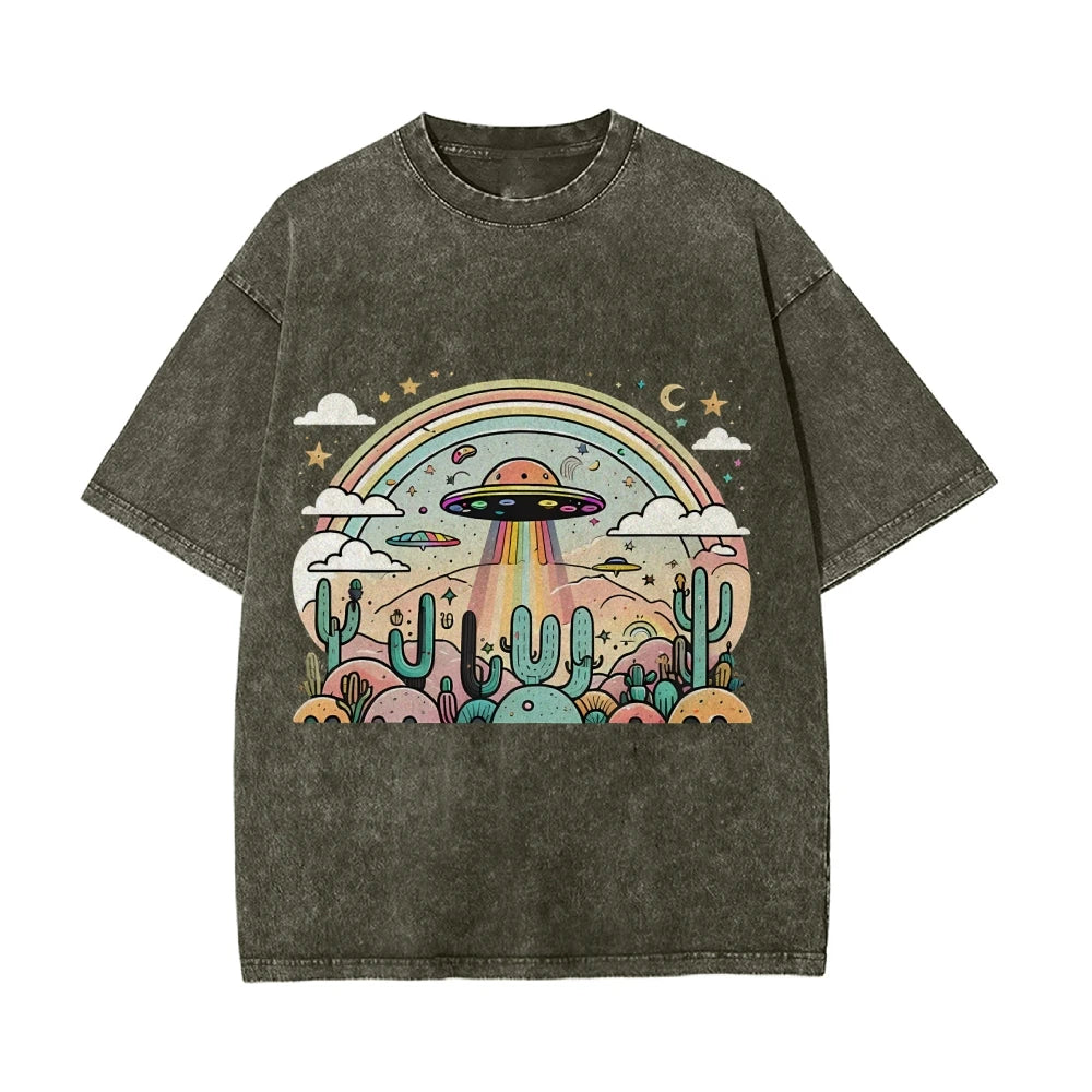 Vintage UFO Washed T-Shirt (High Quality Fabric Round Neck Loose Short Sleeve)