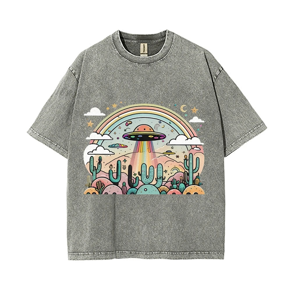 Vintage UFO Washed T-Shirt (High Quality Fabric Round Neck Loose Short Sleeve)