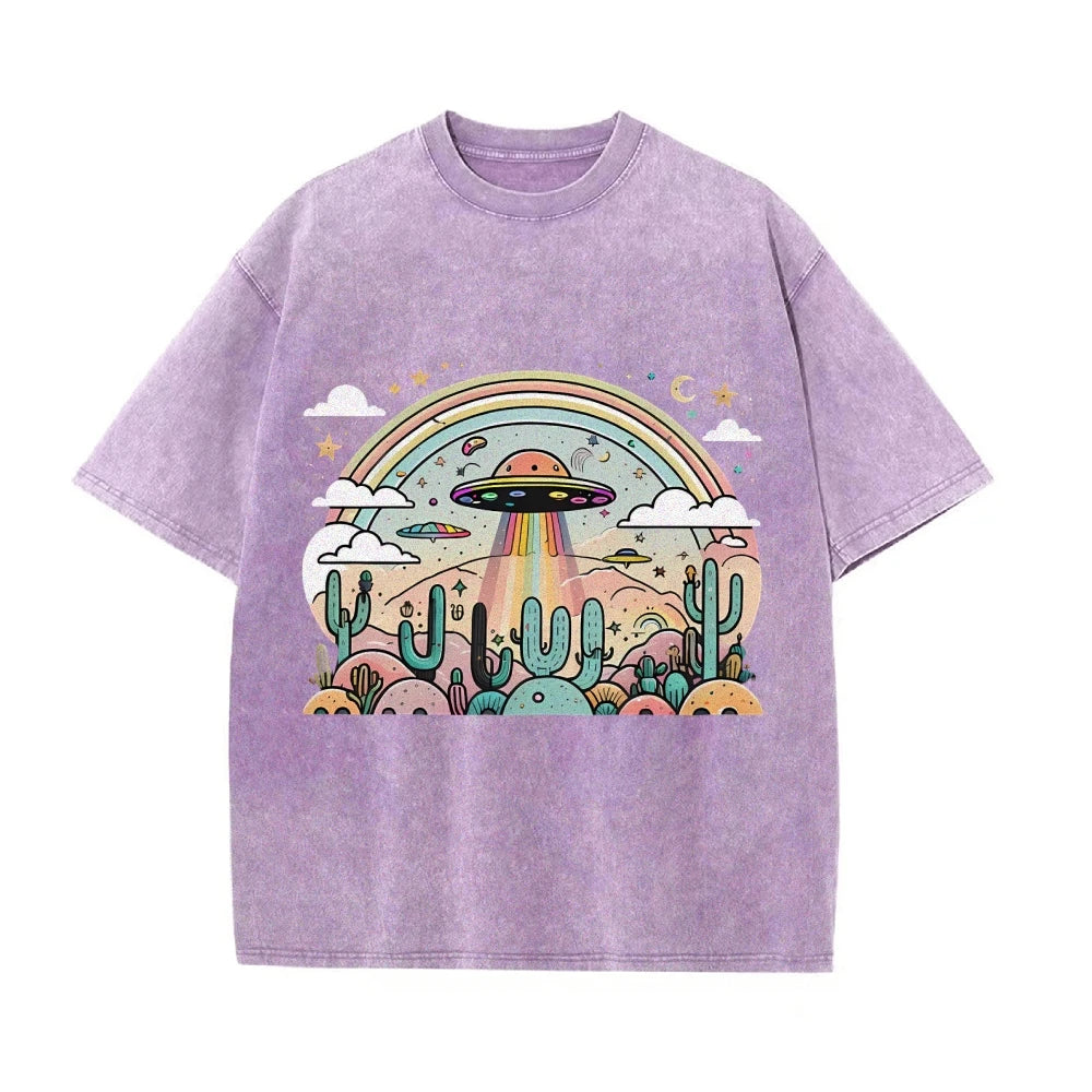 Vintage UFO Washed T-Shirt (High Quality Fabric Round Neck Loose Short Sleeve)