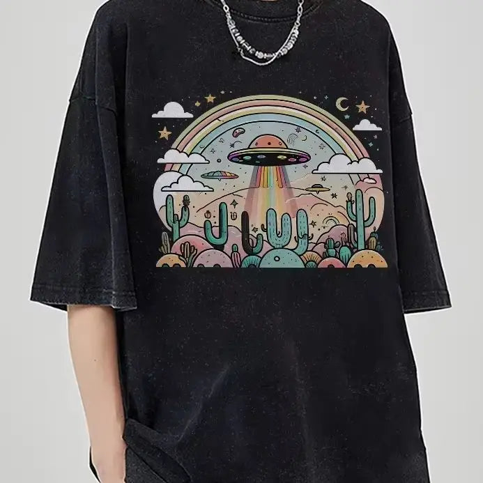 Vintage UFO Washed T-Shirt (High Quality Fabric Round Neck Loose Short Sleeve)