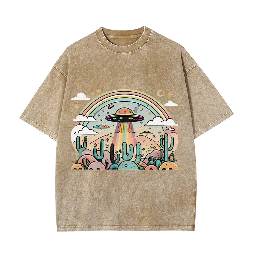Vintage UFO Washed T-Shirt (High Quality Fabric Round Neck Loose Short Sleeve)