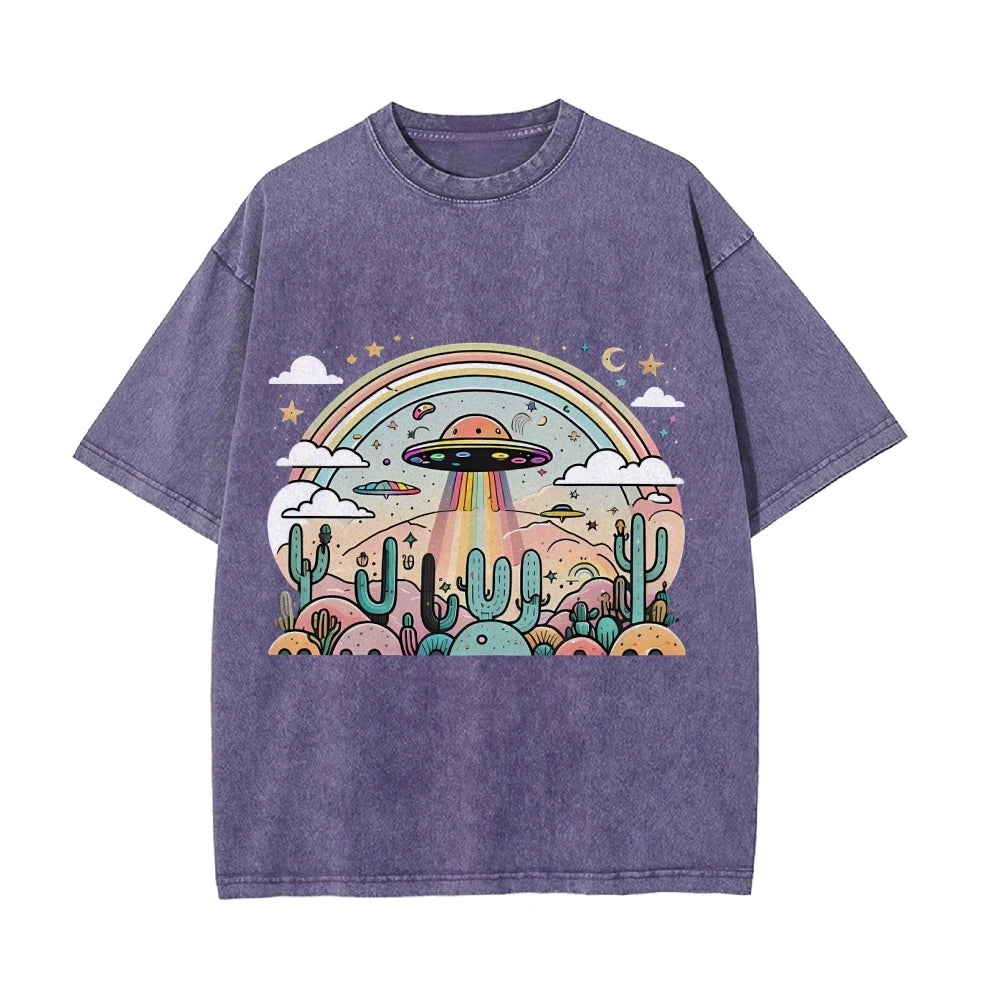 Vintage UFO Washed T-Shirt (High Quality Fabric Round Neck Loose Short Sleeve)