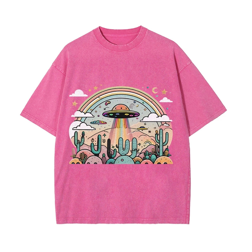 Vintage UFO Washed T-Shirt (High Quality Fabric Round Neck Loose Short Sleeve)