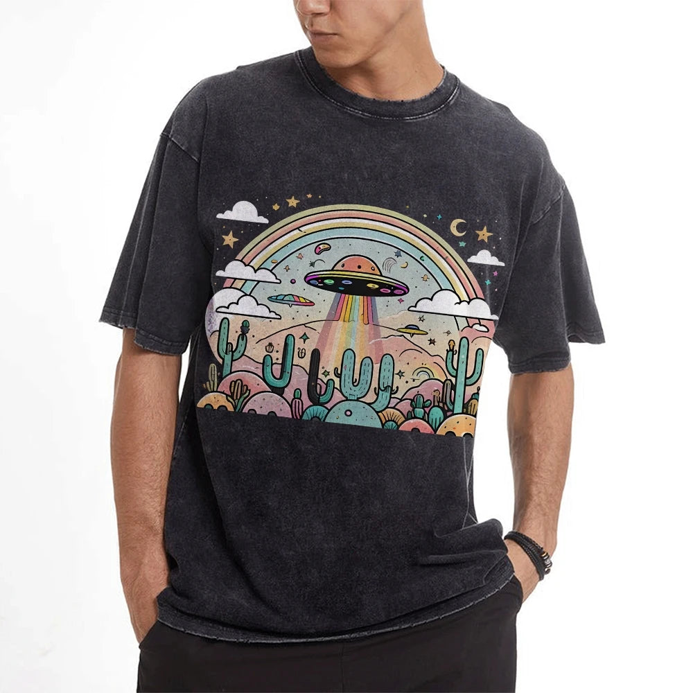 Vintage UFO Washed T-Shirt (High Quality Fabric Round Neck Loose Short Sleeve)