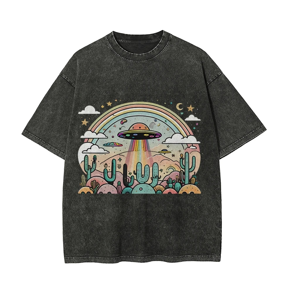 Vintage UFO Washed T-Shirt (High Quality Fabric Round Neck Loose Short Sleeve)